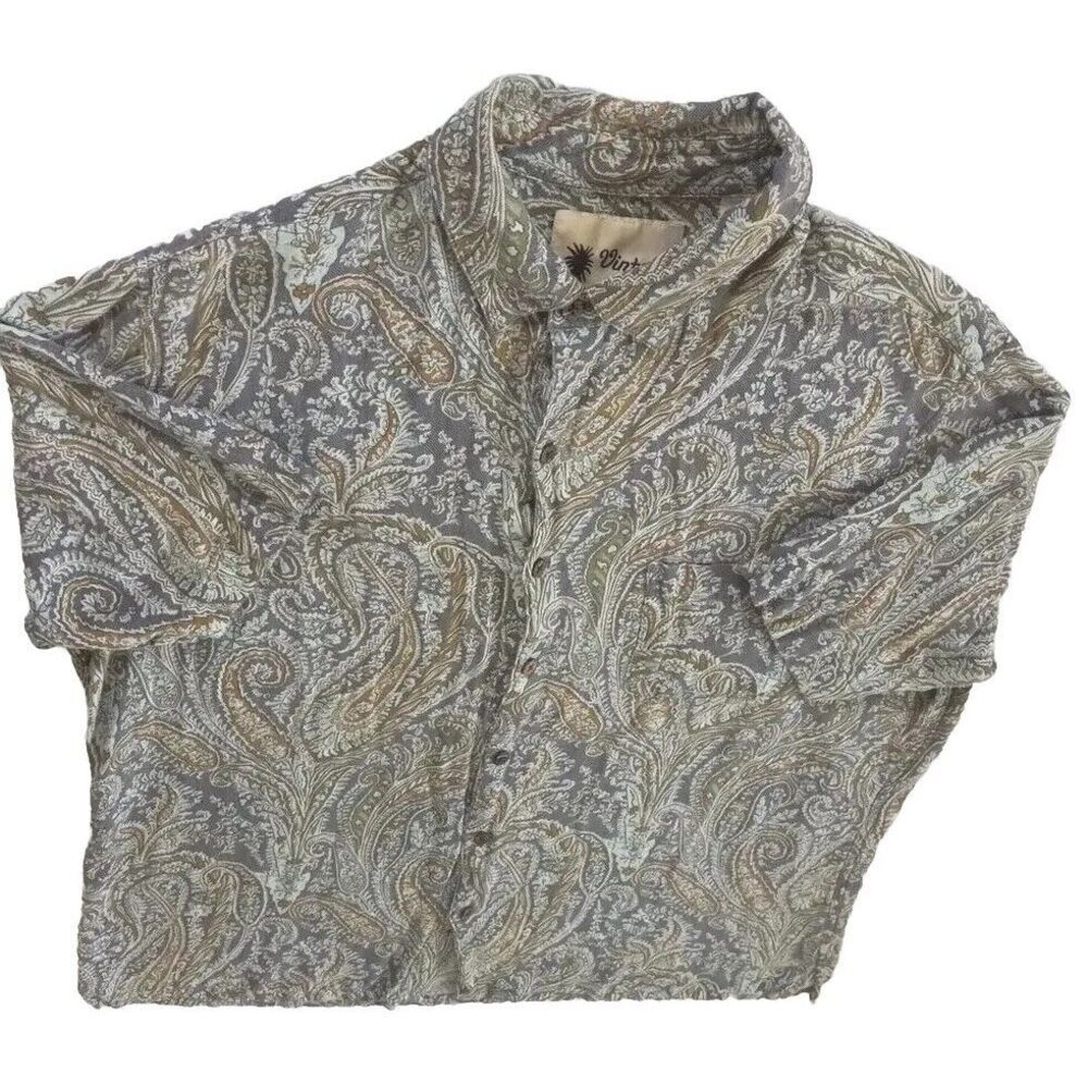 Vintage Silk Men's XL Linen Silk Paisley Short Sleeve Buttons‎ Down Shirt Large